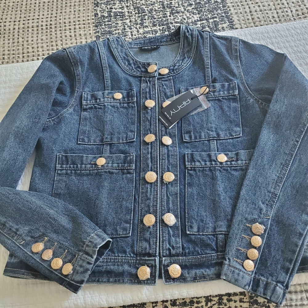 APNY Collarless Denim Jacket with Gold Buttons SZ Small - Picture 3 of 5